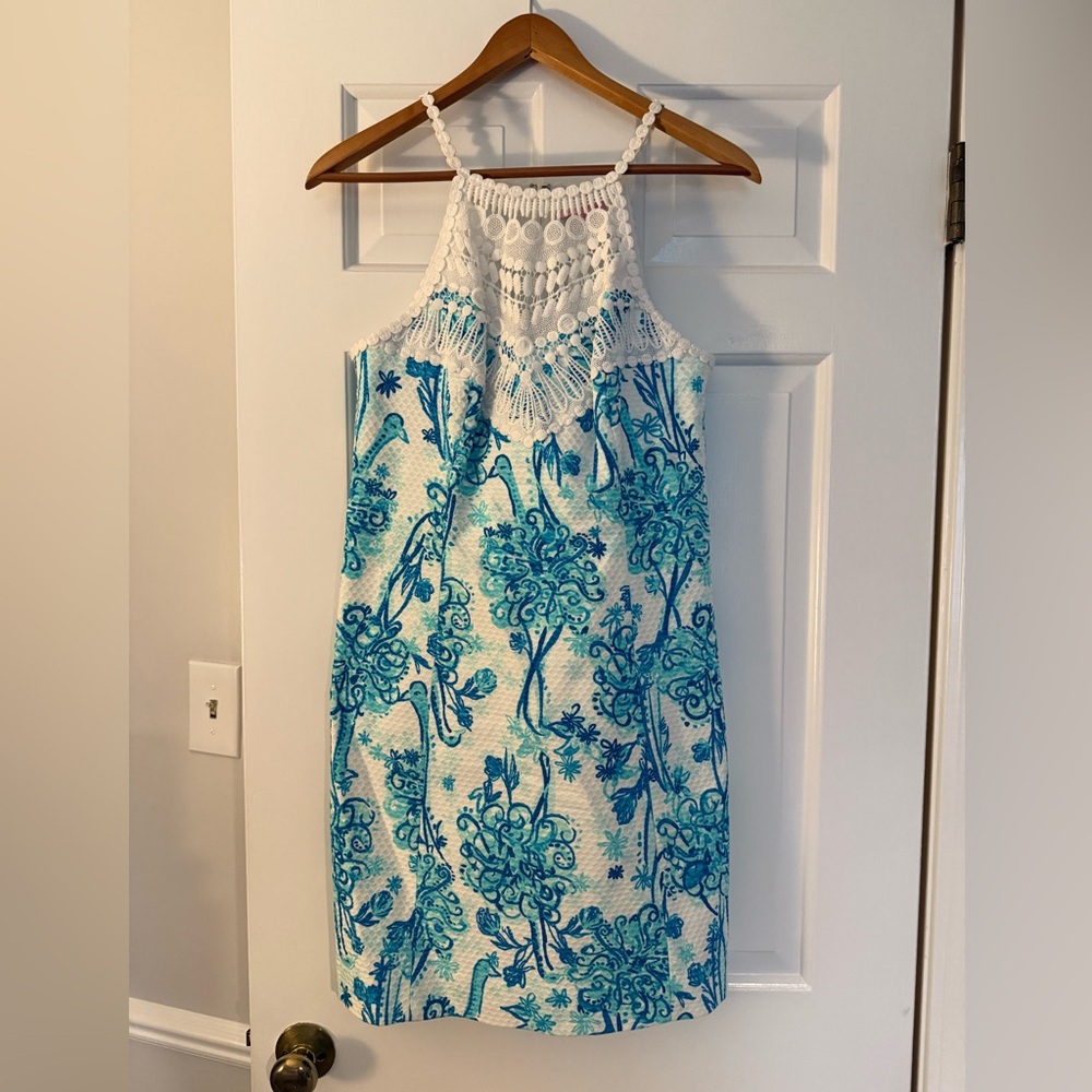 Lily Pulitzer blue and white halter dress with white eyelet trim.  Size 6